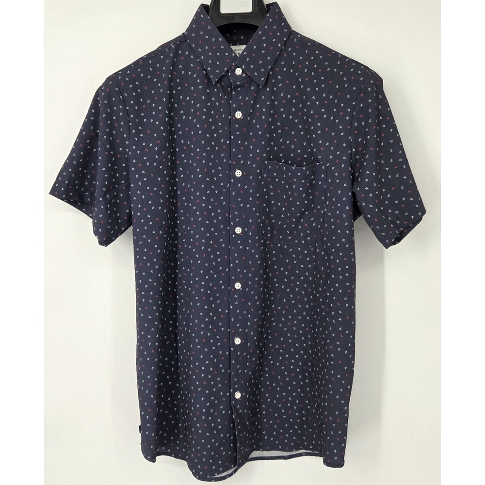 Mizzen+Main Leeward Mens Medium Trim Fit Navy Blue Anchor AOP Short Sleeve Shirt